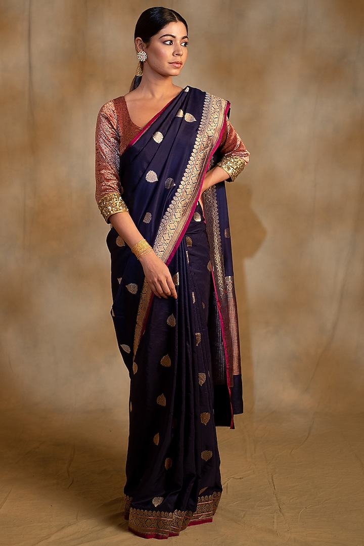 Navy Blue Silk Brocade Banarasi Handwoven Wedding Saree by Priyanka Raajiv at Pernia's Pop Up Shop