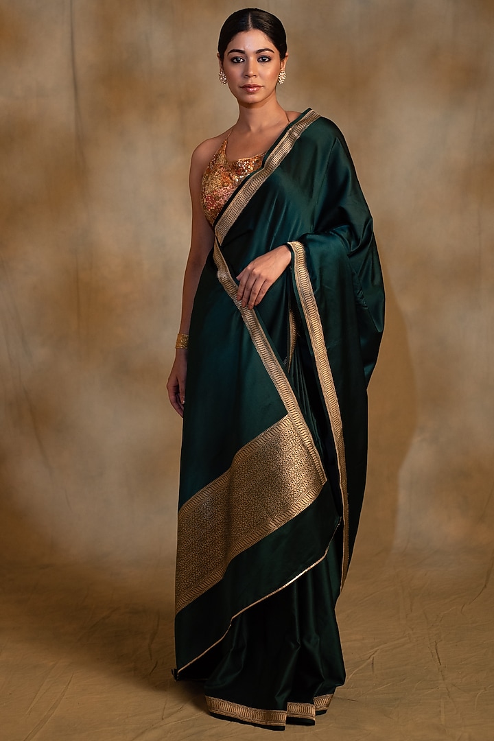 Deep Green Silk Mashru Handwoven Banarasi Wedding Saree by Priyanka Raajiv at Pernia's Pop Up Shop