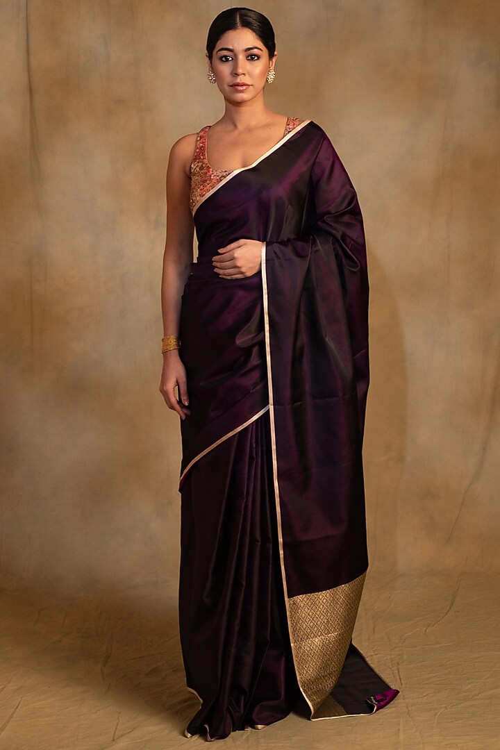 Deep Purple Silk Mashru Handwoven Banarasi Wedding Saree by Priyanka Raajiv at Pernia's Pop Up Shop
