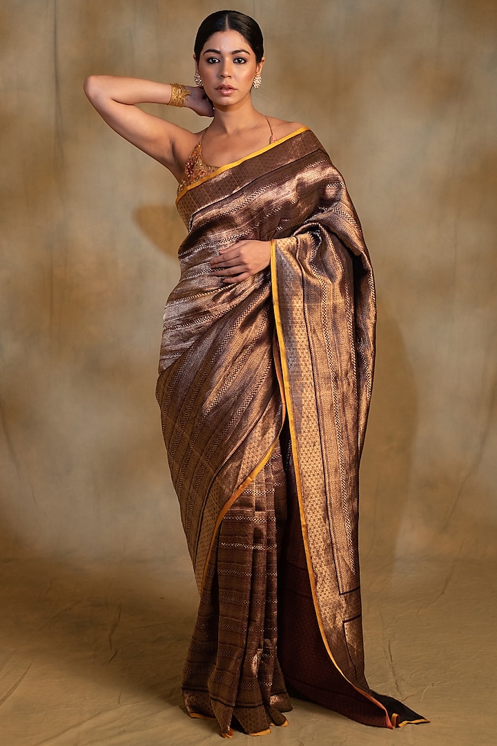 Bronze Silk Banarasi Handwoven Saree by Priyanka Raajiv at Pernia's Pop Up Shop