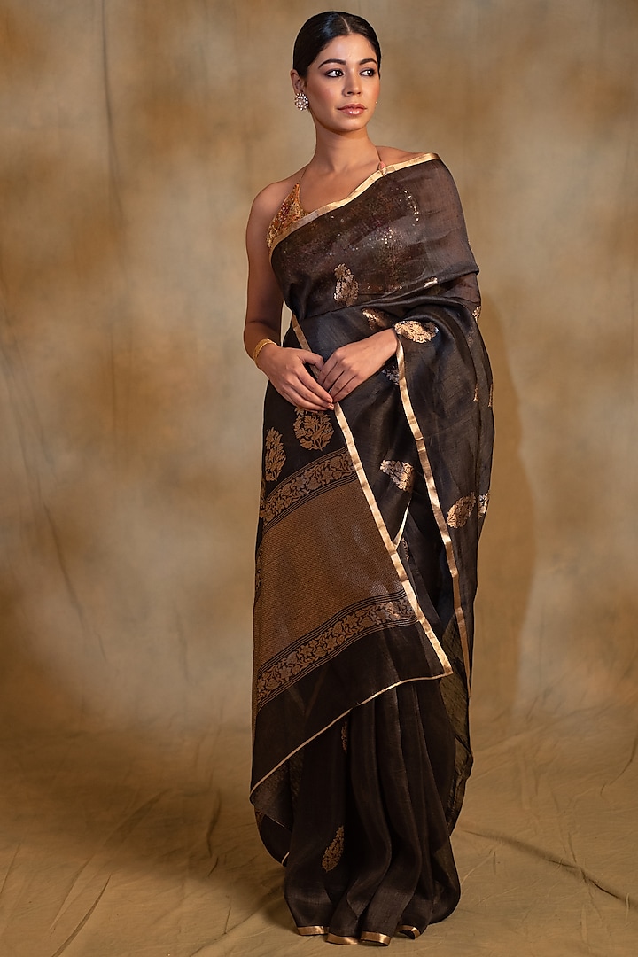 Charcoal Black Linen Silk Organza Handwoven Banarasi Brocade Saree by Priyanka Raajiv at Pernia's Pop Up Shop