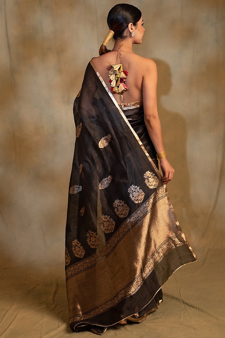 Charcoal Black Linen Silk Organza Handwoven Banarasi Brocade Party Wear Saree by Priyanka Raajiv at Pernia's Pop Up Shop