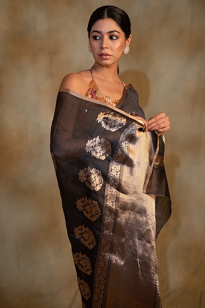 Charcoal Black Linen Silk Organza Handwoven Banarasi Brocade Party Wear Saree by Priyanka Raajiv at Pernia's Pop Up Shop