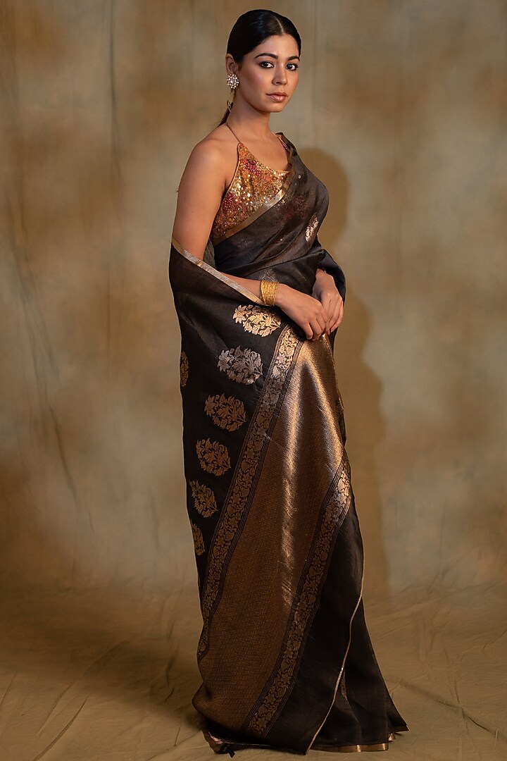 Charcoal Black Linen Silk Organza Handwoven Banarasi Brocade Party Wear Saree by Priyanka Raajiv at Pernia's Pop Up Shop