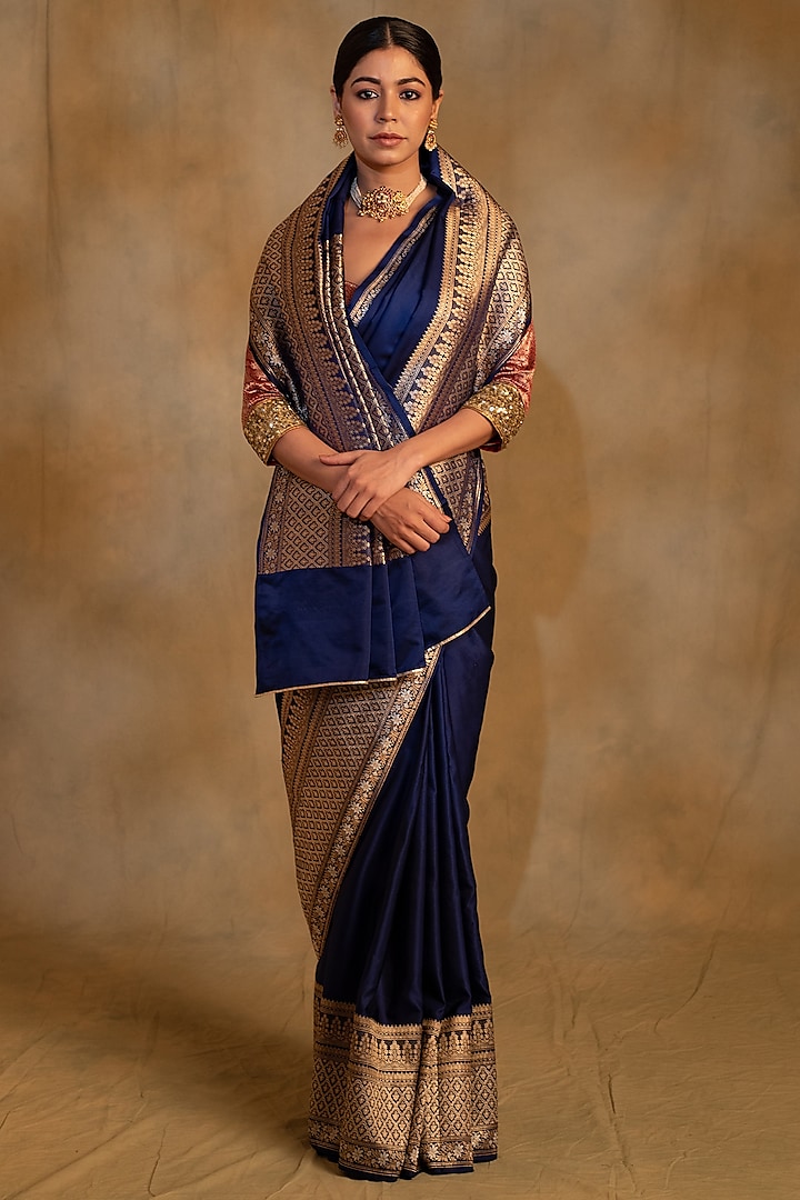 Navy Blue Mashru Silk Banarasi Handwoven Saree by Priyanka Raajiv at Pernia's Pop Up Shop