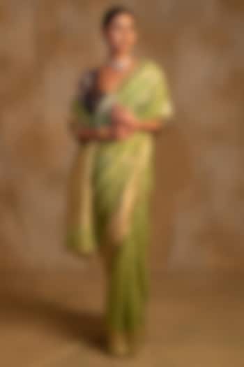 Sage Green Linen Silk Organza Handwoven Saree by Priyanka Raajiv at Pernia's Pop Up Shop