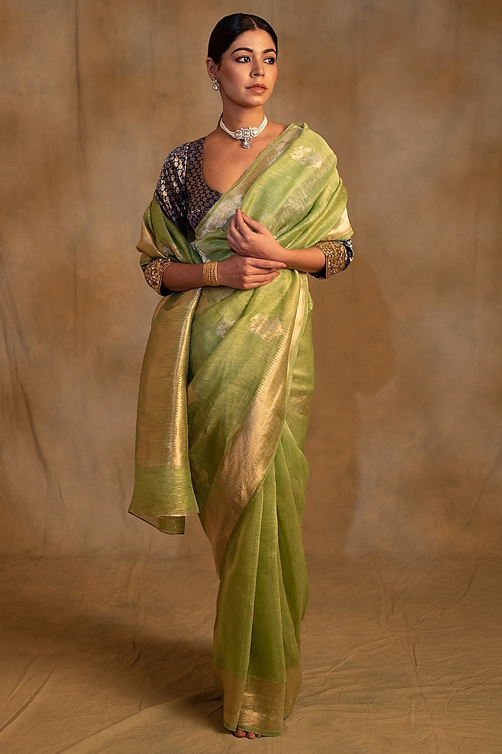 Sage Green Linen Silk Organza Handwoven Saree by Priyanka Raajiv at Pernia's Pop Up Shop