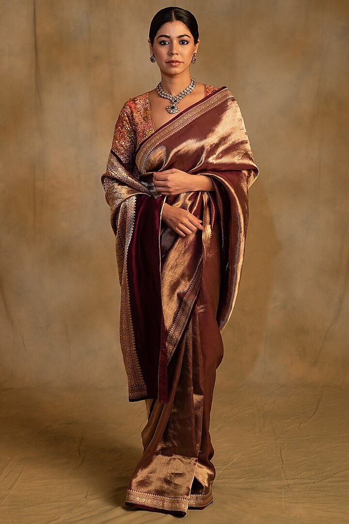 Burgundy Silk Tissue Banarasi Handwoven Saree by Priyanka Raajiv at Pernia's Pop Up Shop