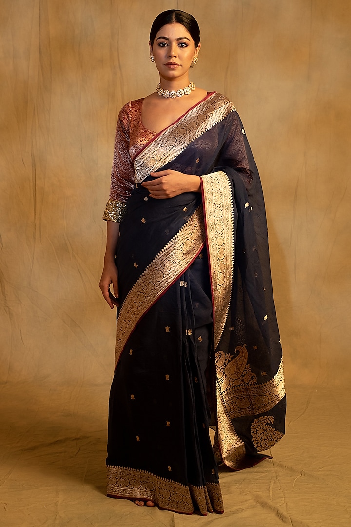 Navy Banarasi Brocade Handwoven Saree by Priyanka Raajiv at Pernia's Pop Up Shop