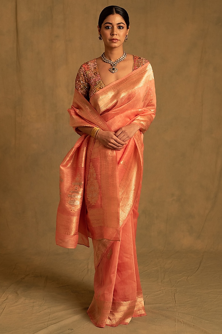 Coral Pink Linen Silk Organza Banarasi Handwoven Saree by Priyanka Raajiv at Pernia's Pop Up Shop