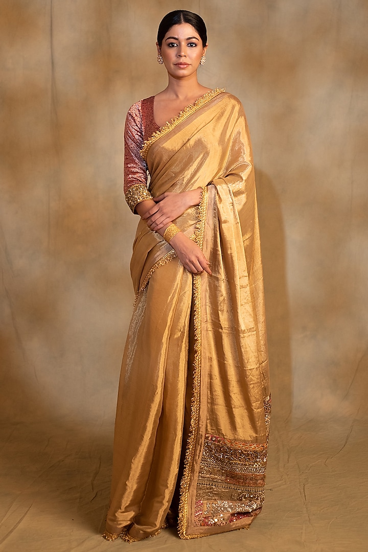 Gold Silk Tissue Chanderi Embroidered Saree by Priyanka Raajiv at Pernia's Pop Up Shop