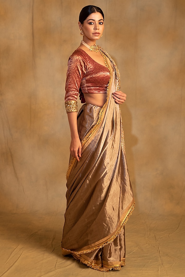 Silver Silk Tissue Chanderi Embroidered Saree by Priyanka Raajiv at Pernia's Pop Up Shop