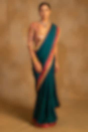 Teal Silk Crepe Upcycled Saree by Priyanka Raajiv