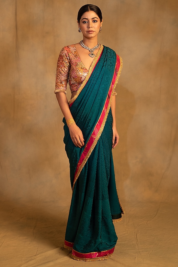 Teal Silk Crepe Upcycled Saree by Priyanka Raajiv