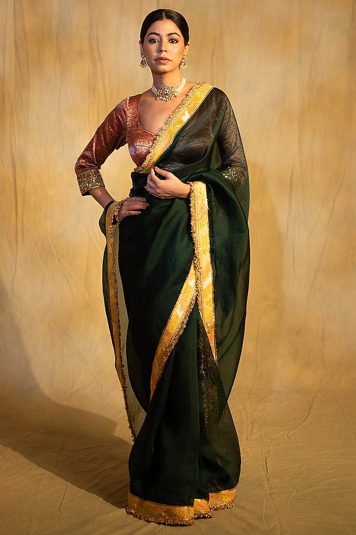 Bottle Green Silk Organza Upcycled Saree by Priyanka Raajiv at Pernia's Pop Up Shop