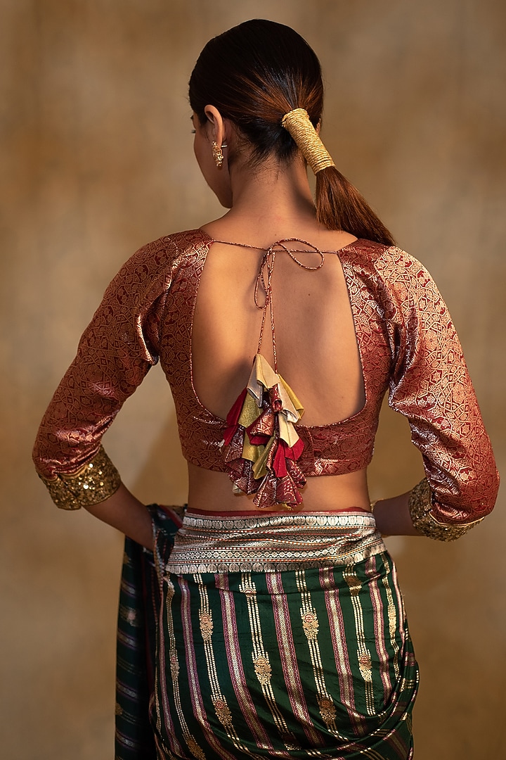 Red Silk Brocade Embroidered Blouse by Priyanka Raajiv at Pernia's Pop Up Shop