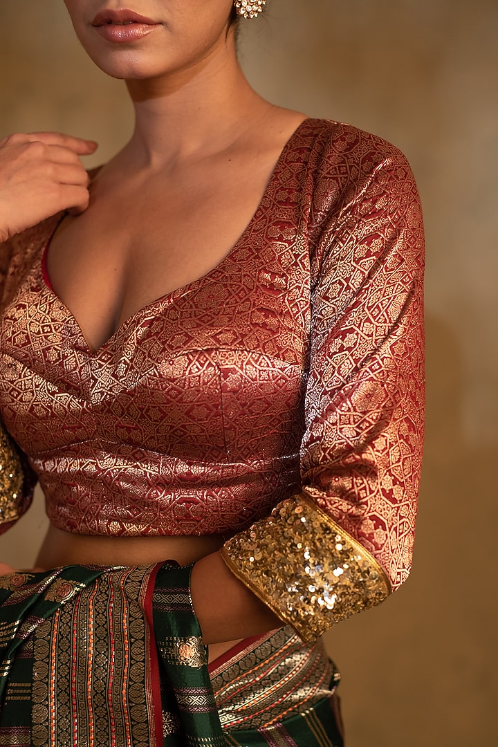 Red Silk Brocade Embroidered Blouse by Priyanka Raajiv at Pernia's Pop Up Shop