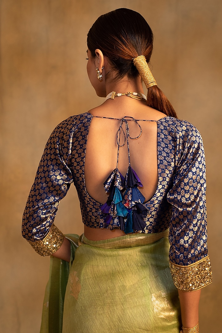 Royal Blue Silk Brocade Embroidered Blouse by Priyanka Raajiv at Pernia's Pop Up Shop