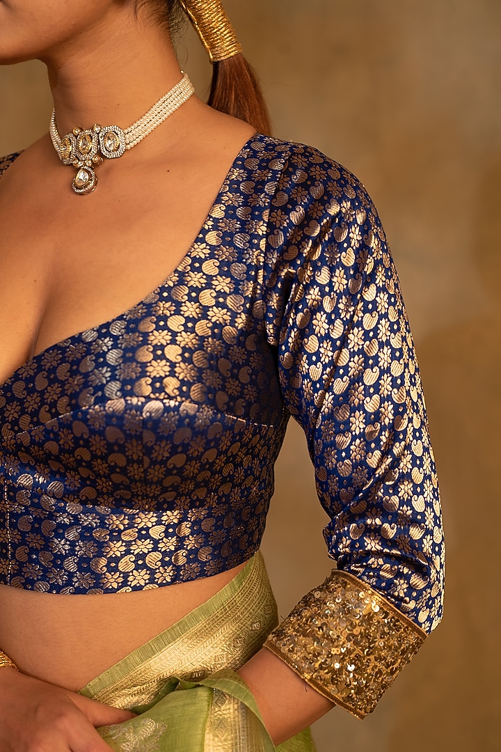 Royal Blue Silk Brocade Embroidered Blouse by Priyanka Raajiv at Pernia's Pop Up Shop