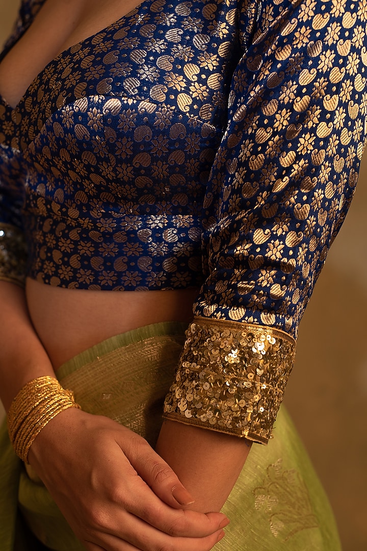 Royal Blue Silk Brocade Embroidered Blouse by Priyanka Raajiv at Pernia's Pop Up Shop
