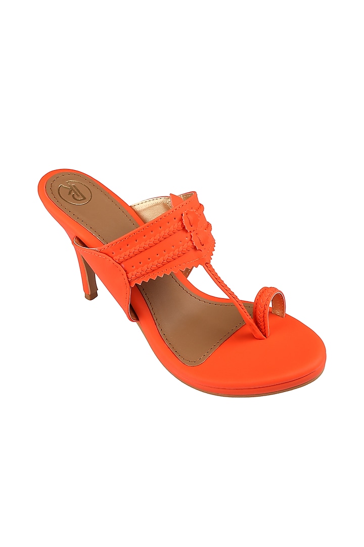 Neon Orange Faux Leather Kolhapuri Heels by Preet Kaur