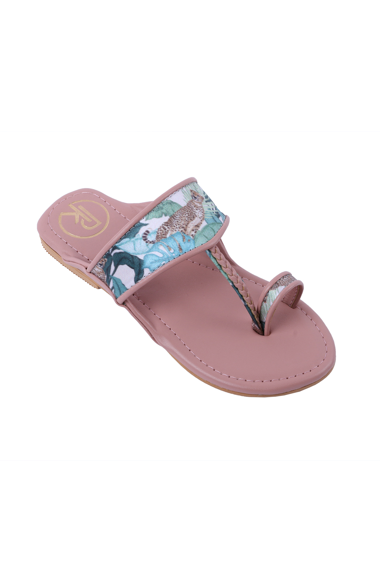 Salmon Pink Printed Kolhapuri Flats For Girls by Preet Kaur-Kids