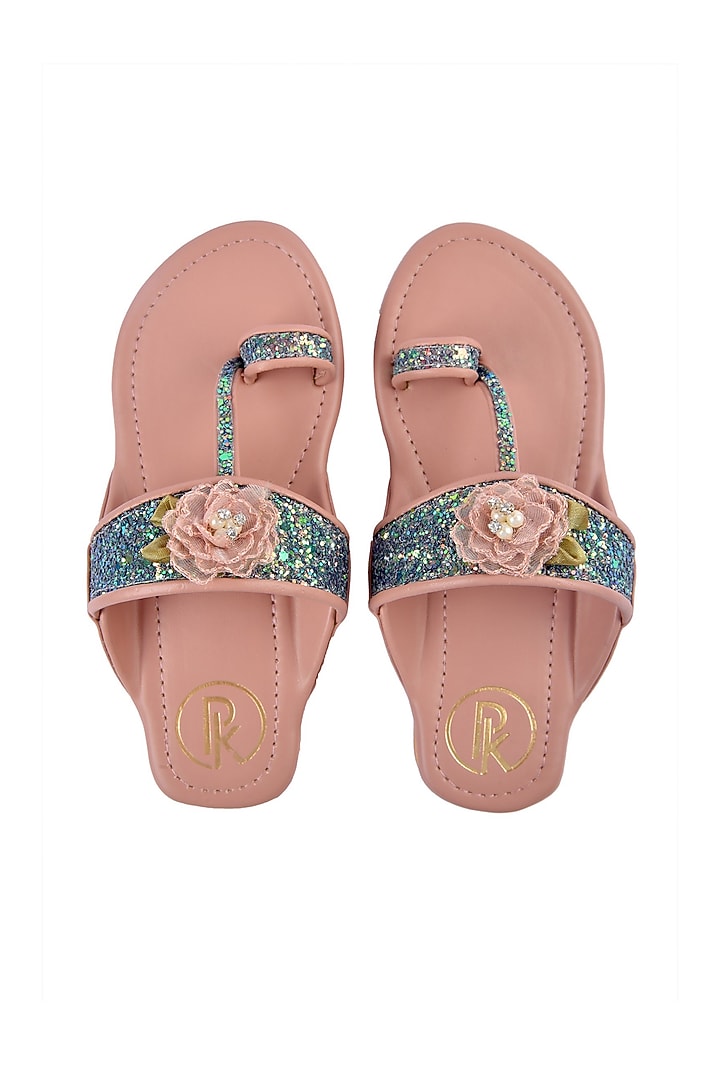 Salmon Pink Hand Embroidered Kolhapuri Flats by Preet Kaur-Kids at Pernia's Pop Up Shop