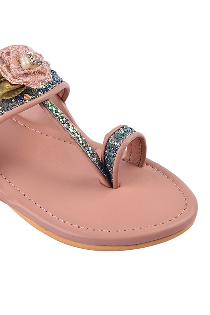 Salmon Pink Hand Embroidered Kolhapuri Flats by Preet Kaur-Kids at Pernia's Pop Up Shop