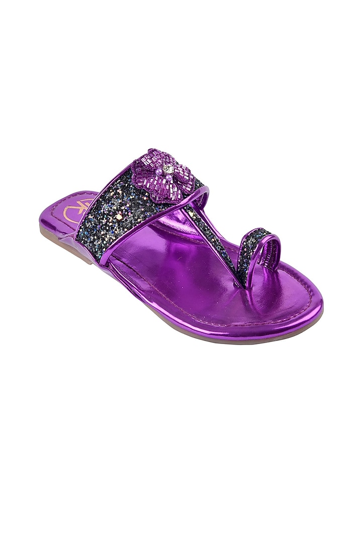 Dull Violet Hand Embroidered Kolhapuri Flats For Girls by Preet Kaur-Kids