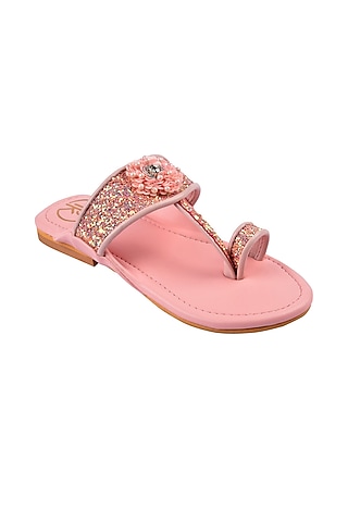 Quartz Pink Hand Embroidered Kolhapuri Flats For Girls by Preet Kaur-Kids