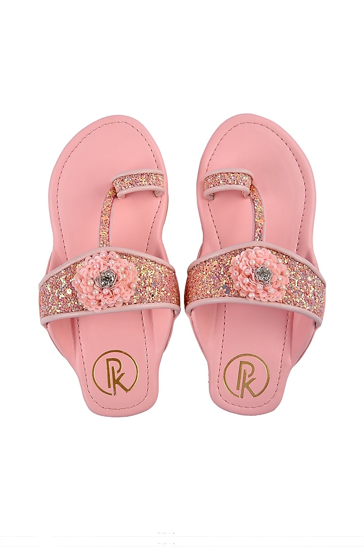 Quartz Pink Hand Embroidered Kolhapuri Flats For Girls by Preet Kaur-Kids at Pernia's Pop Up Shop