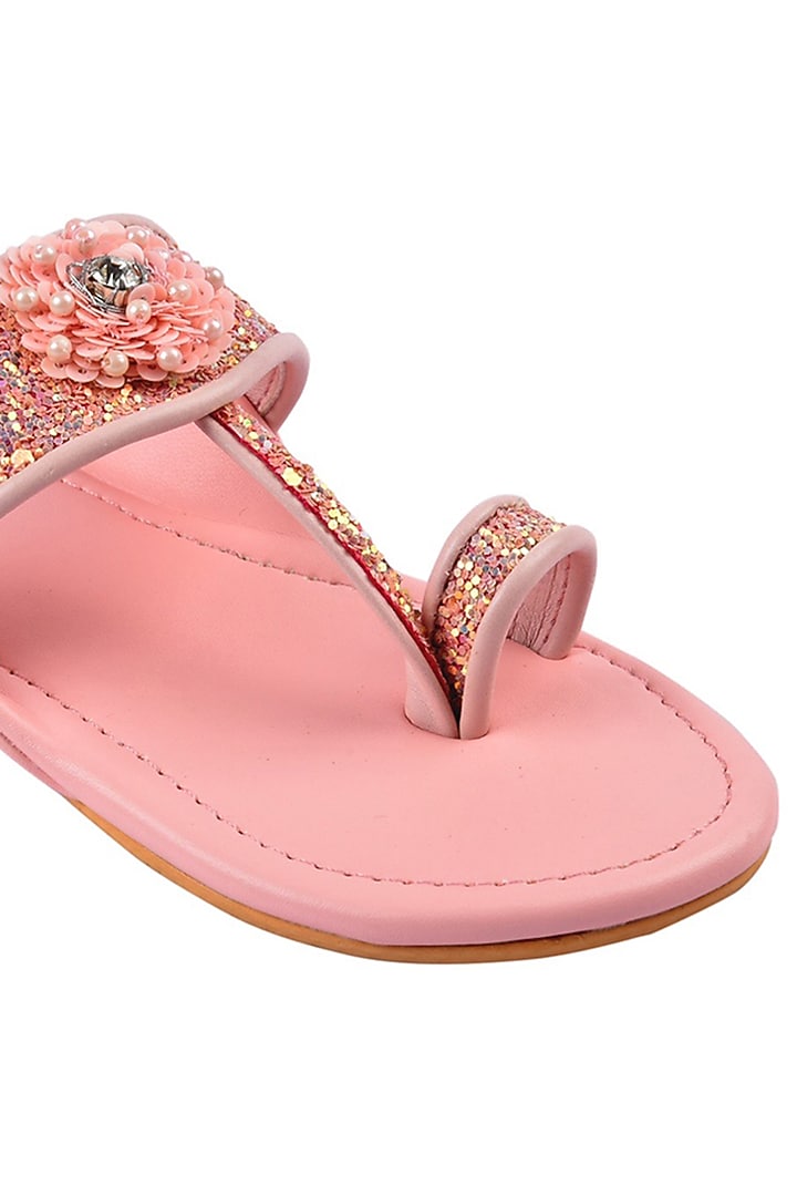 Quartz Pink Hand Embroidered Kolhapuri Flats For Girls by Preet Kaur-Kids at Pernia's Pop Up Shop
