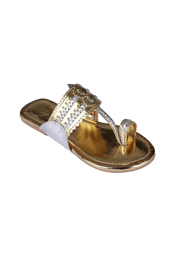 Gold Faux Leather Kolhapuri Flats For Girls by Preet Kaur-Kids
