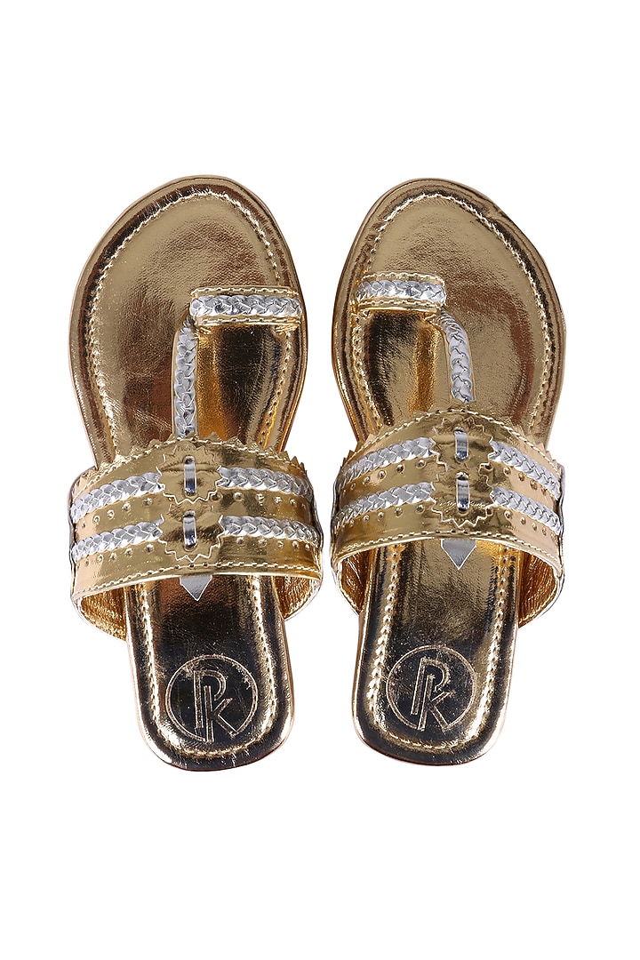 Gold Faux Leather Kolhapuri Flats For Girls by Preet Kaur-Kids at Pernia's Pop Up Shop
