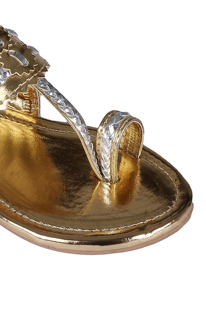 Gold Faux Leather Kolhapuri Flats For Girls by Preet Kaur-Kids at Pernia's Pop Up Shop