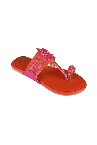 Deep Orange Faux Leather Kolhapuri Flats For Girls by Preet Kaur-Kids