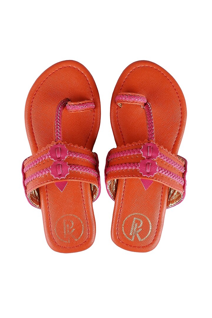 Deep Orange Faux Leather Kolhapuri Flats For Girls by Preet Kaur-Kids at Pernia's Pop Up Shop