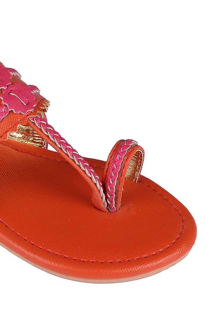 Deep Orange Faux Leather Kolhapuri Flats For Girls by Preet Kaur-Kids at Pernia's Pop Up Shop