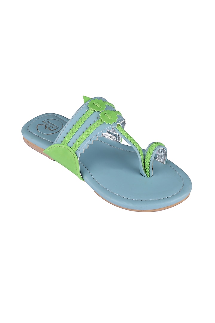 Alaskan Blue Faux Leather Kolhapuri Flats For Girls by Preet Kaur-Kids at Pernia's Pop Up Shop