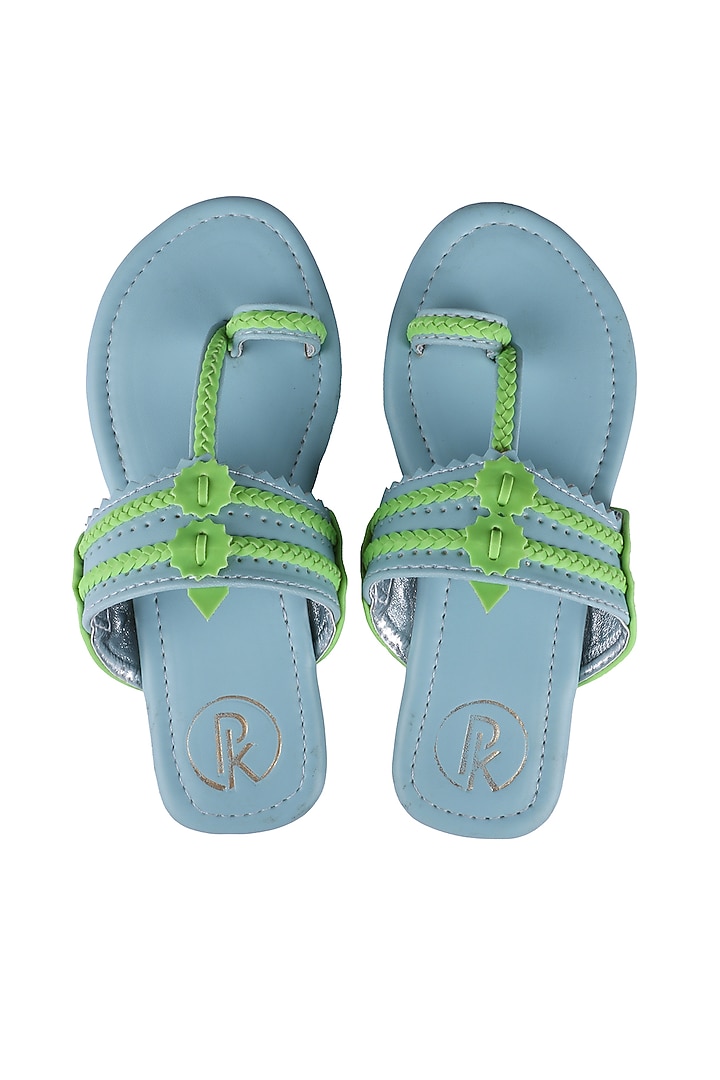 Alaskan Blue Faux Leather Kolhapuri Flats For Girls by Preet Kaur-Kids at Pernia's Pop Up Shop