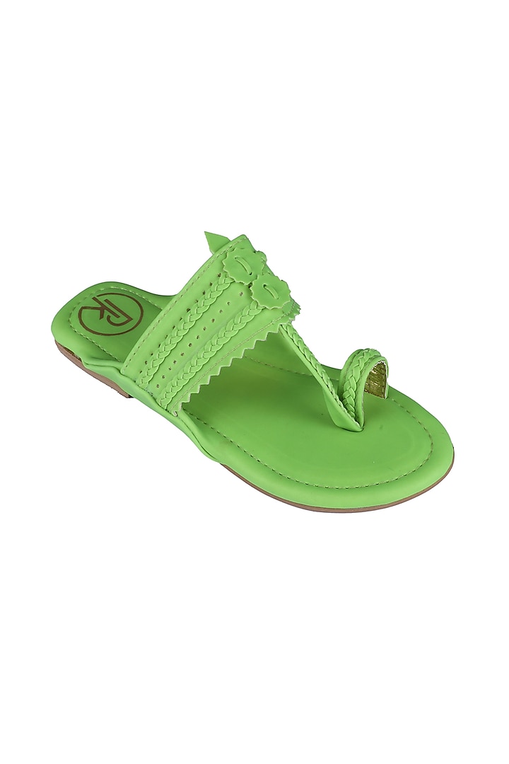 Neon Green Faux Leather Kolhapuri Flats For Girls by Preet Kaur-Kids