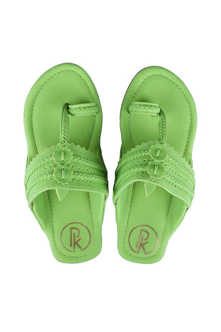 Neon Green Faux Leather Kolhapuri Flats For Girls by Preet Kaur-Kids at Pernia's Pop Up Shop