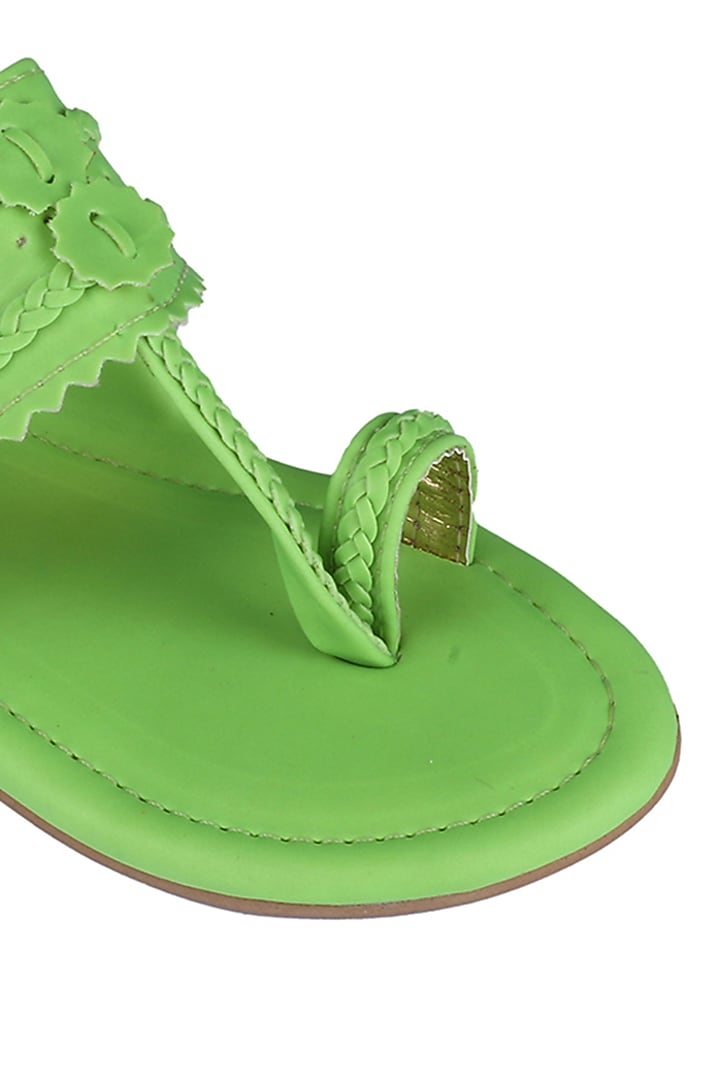 Neon Green Faux Leather Kolhapuri Flats For Girls by Preet Kaur-Kids at Pernia's Pop Up Shop