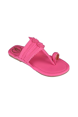 Neon Pink Faux Leather Kolhapuri Flats For Girls by Preet Kaur-Kids