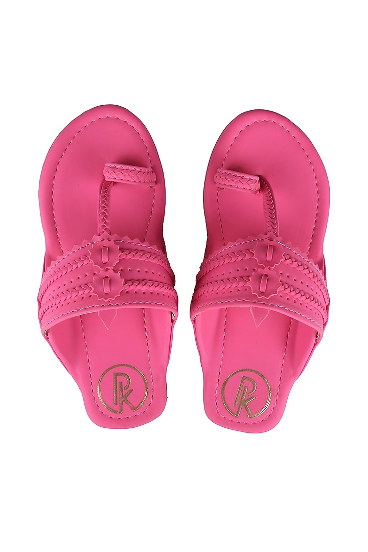 Neon Pink Faux Leather Kolhapuri Flats For Girls by Preet Kaur-Kids at Pernia's Pop Up Shop