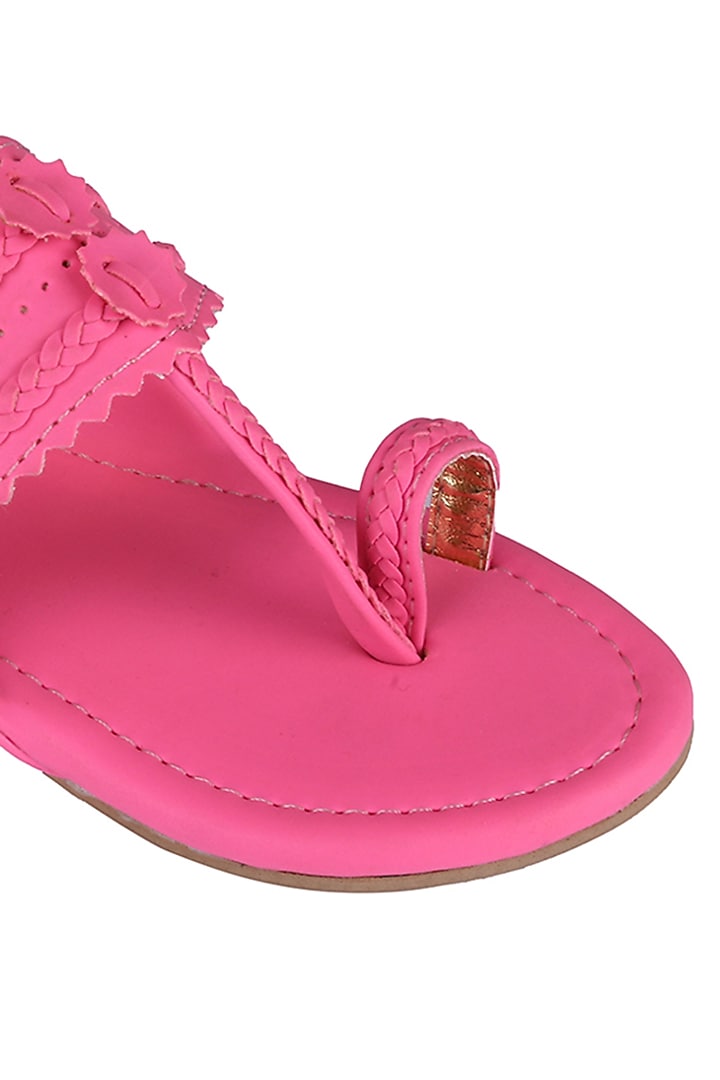 Neon Pink Faux Leather Kolhapuri Flats For Girls by Preet Kaur-Kids at Pernia's Pop Up Shop