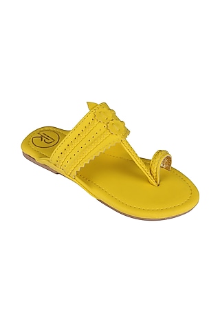 Neon Yellow Faux Leather Kolhapuri Flats For Girls by Preet Kaur-Kids