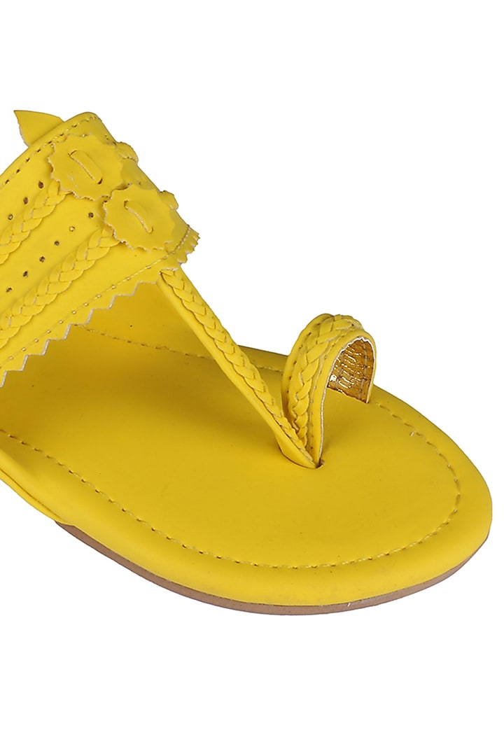 Neon Yellow Faux Leather Kolhapuri Flats For Girls by Preet Kaur-Kids at Pernia's Pop Up Shop