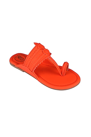 Neon Orange Faux Leather Kolhapuri Flats For Girls by Preet Kaur-Kids
