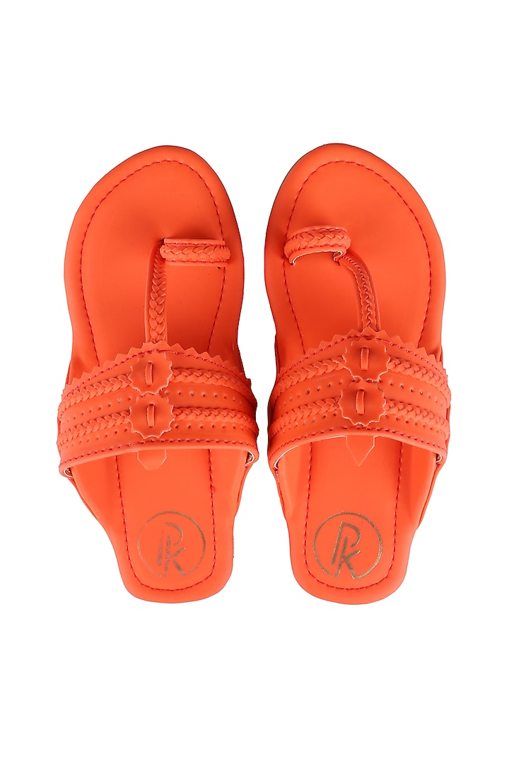 Neon Orange Faux Leather Kolhapuri Flats For Girls by Preet Kaur-Kids at Pernia's Pop Up Shop